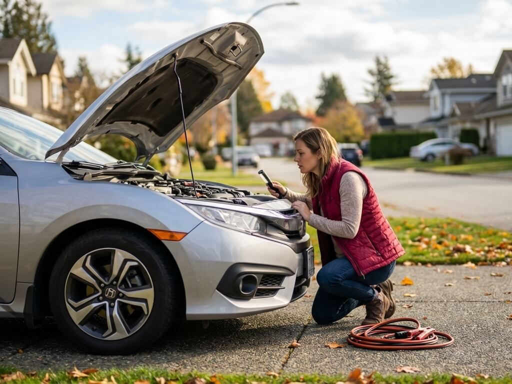 A woman in a Canadian suburban driveway wearing a red #C1113E vest looks thoughtfully at his broken-down car with the hood open, representing the need for urgent car repair financing from Focus Cash Loans.