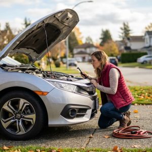 A woman in a Canadian suburban driveway wearing a red #C1113E vest looks thoughtfully at his broken-down car with the hood open, representing the need for urgent car repair financing from Focus Cash Loans.