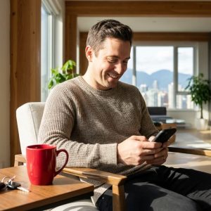 A person in a Vancouver apartment looking at their phone with relief, successfully avoiding bank NSF fees using a Focus Cash Loans e-transfer. A red #C1113E coffee mug and car keys sit on the table, symbolizing solved emergency expenses.