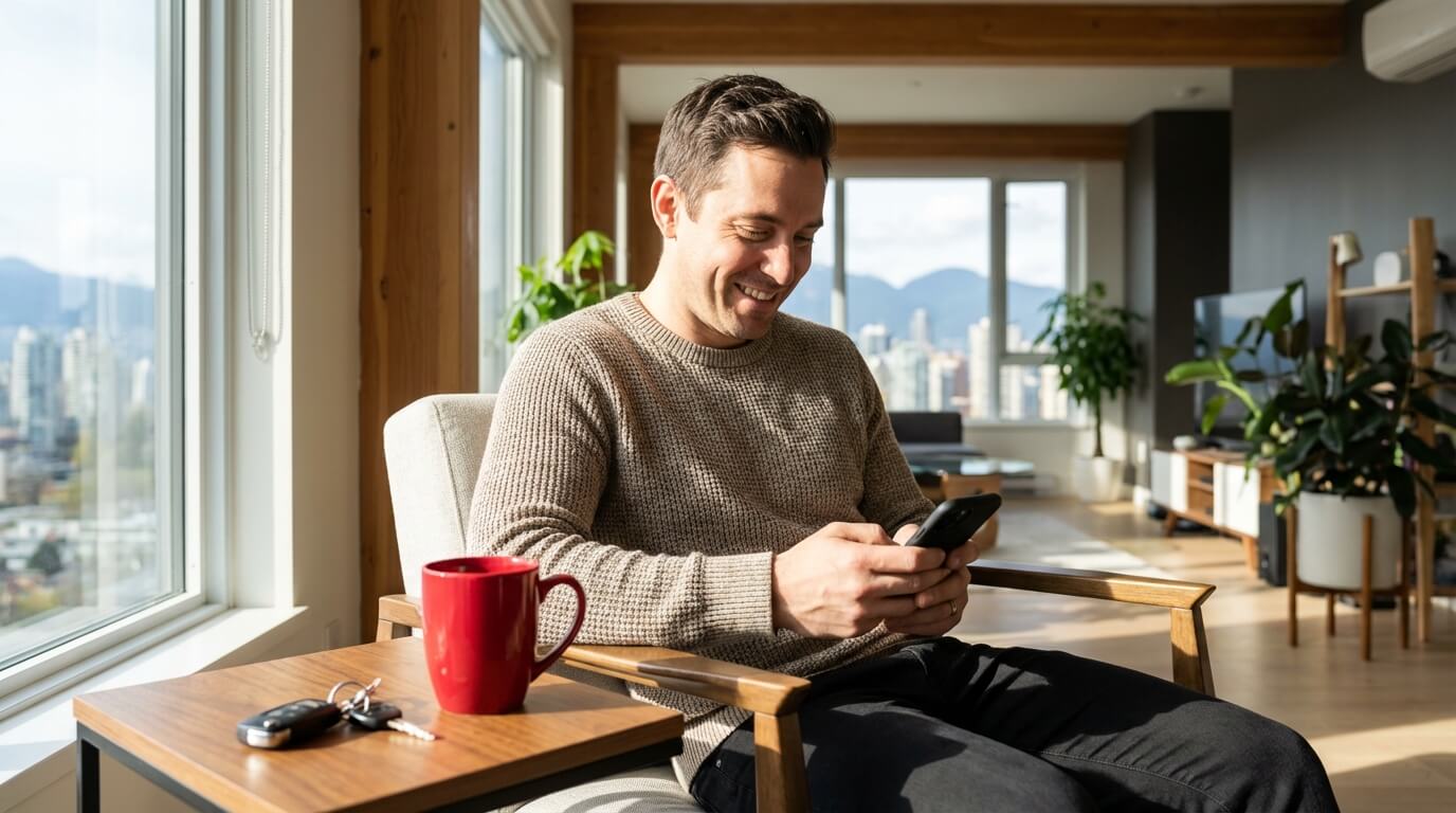 A person in a Vancouver apartment looking at their phone with relief, successfully avoiding bank NSF fees using a Focus Cash Loans e-transfer. A red #C1113E coffee mug and car keys sit on the table, symbolizing solved emergency expenses.